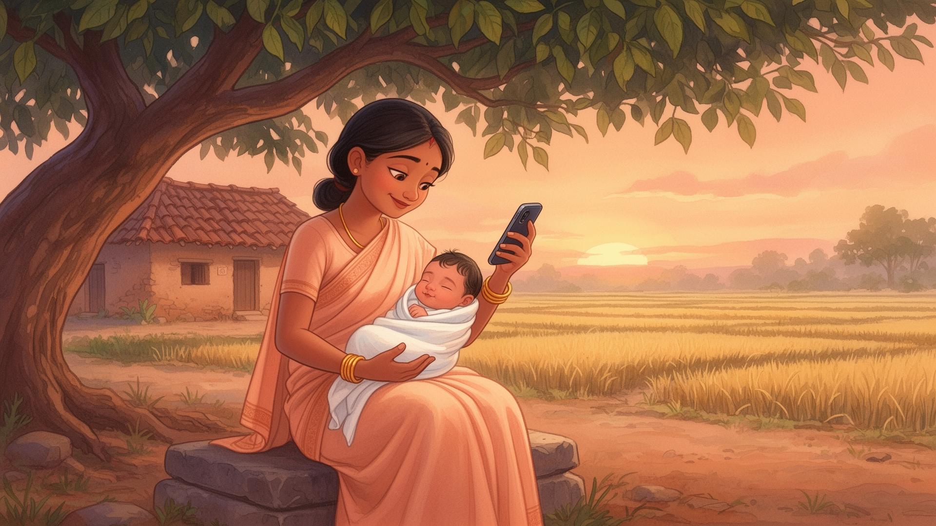A young mother in rural Bangladesh using MaaSathi on her phone